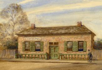 A watercolour painting of a single storey stone building bearing a sign that reads &quot;Custom ...