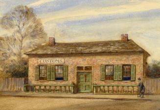 A watercolour painting of a single storey stone building bearing a sign that reads "Custom…