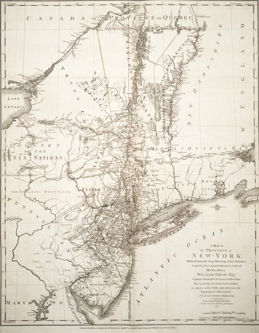 A map of the province of New-York, Reduc'd from the large drawing of that Province, Compiled from Actual Surveys by Order of His Excellency William Tr(...)