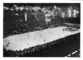 Historic photo from 1932 - Interior of Maple Leaf Gardens on Carlton St - hockey players and band in Church-Wellesley Village