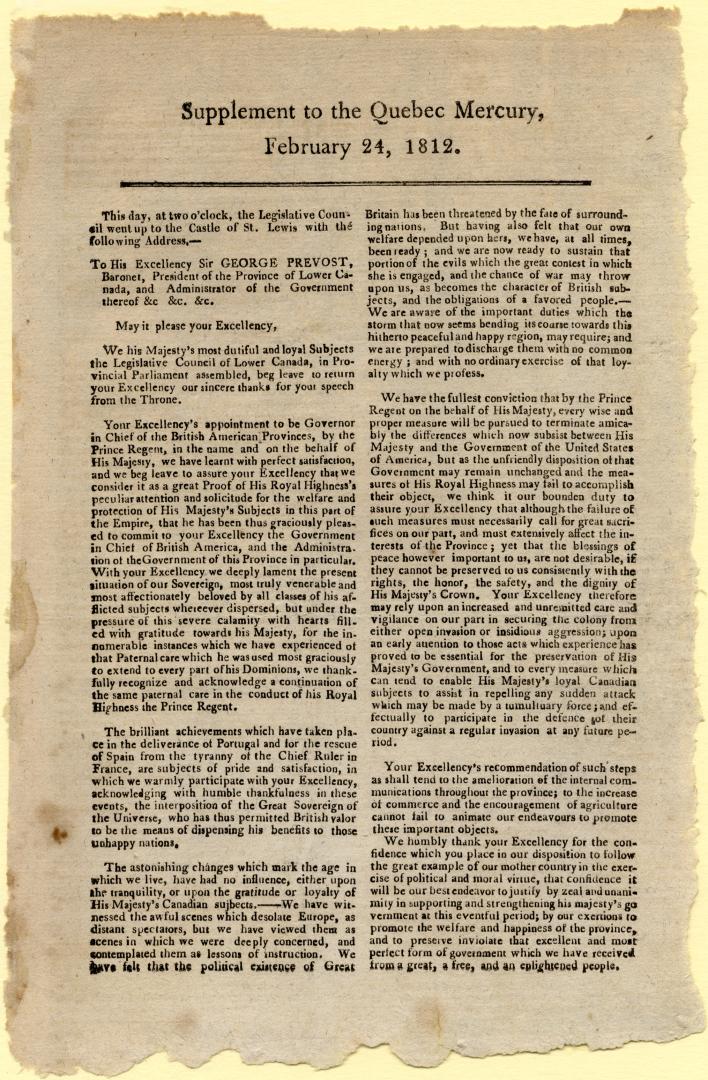 Supplement to the Quebec Mercury, February 24, 1812