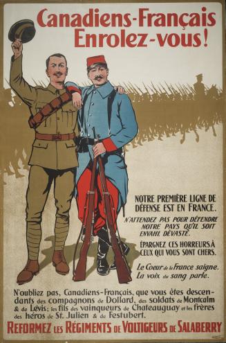 Illustration shows two soldiers from world war one. The one on the left is Canadian, the one on…