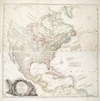 A coloured map of North America as explored in the 1760s. It is one large map, printed on two s…