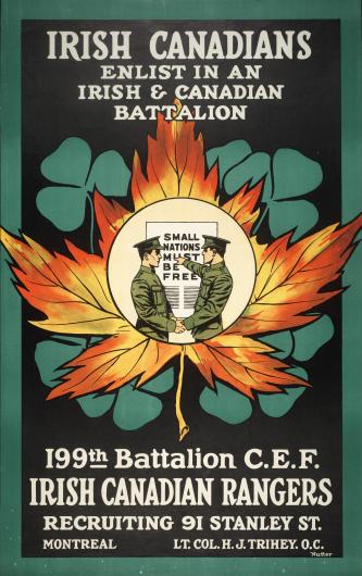 Illustrated poster of two soldiers in maple leaf pointing to poster reading Small Nations Must  ...