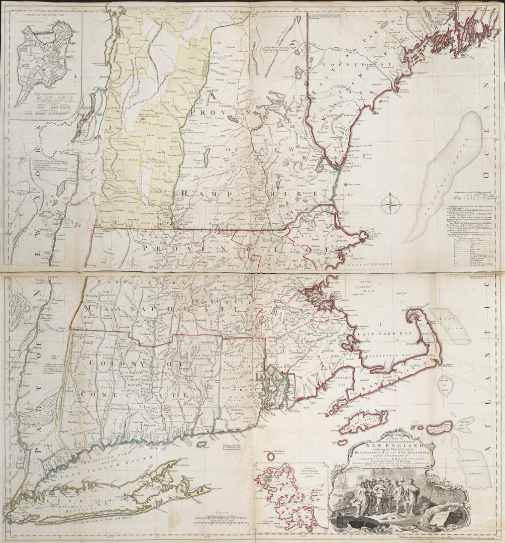 A map of the most inhabited part of New England containing the provinces of Massachusets Bay and New Hampshire, with the colonies of Connecticut and R(...)