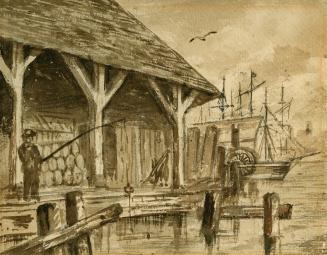 Image shows a wharf with a boat in the background.