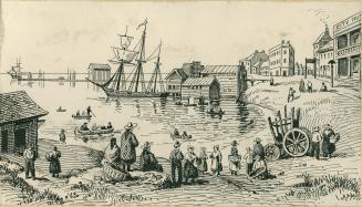 Drawing shows a number of people gathered at the Fish Market by the lake.