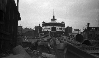 Image shows the front of the ferry Bluebell in a dry dock.