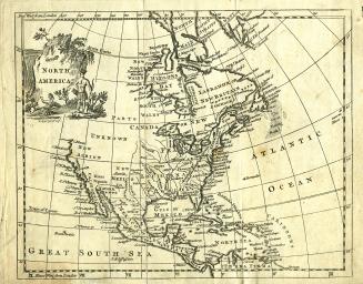 The cartouche in the upper left corner of the map features two Indigenous men. One is standing …