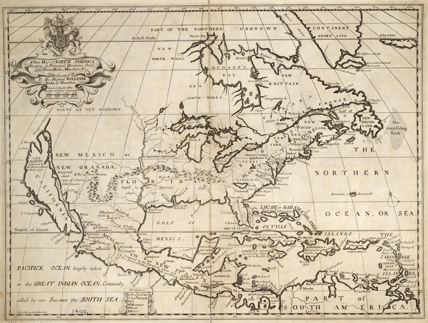 A new map of North America shewing its principal divisions, chief cities, townes, rivers, mountains &c dedicated to His Highness William Duke of Glocester