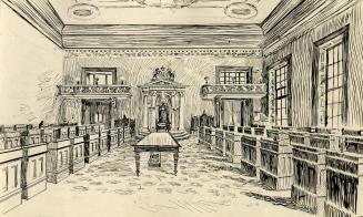 Parliament Buildings (1832-1893), interior, legislative chamber, looking e