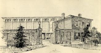 Parliament Buildings (1832-1893), view of rear entrance to main building from Wellington Street West, showing porter's lodge & old library