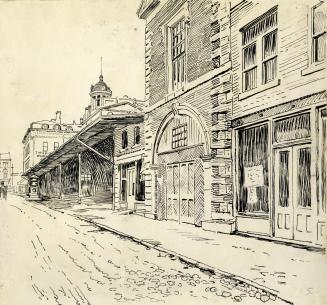 St. Lawrence Market. north Market (1850-1904), Front Street East, north side, betwest Market & Jarvis Streets, showing west side, during alterations of 1898