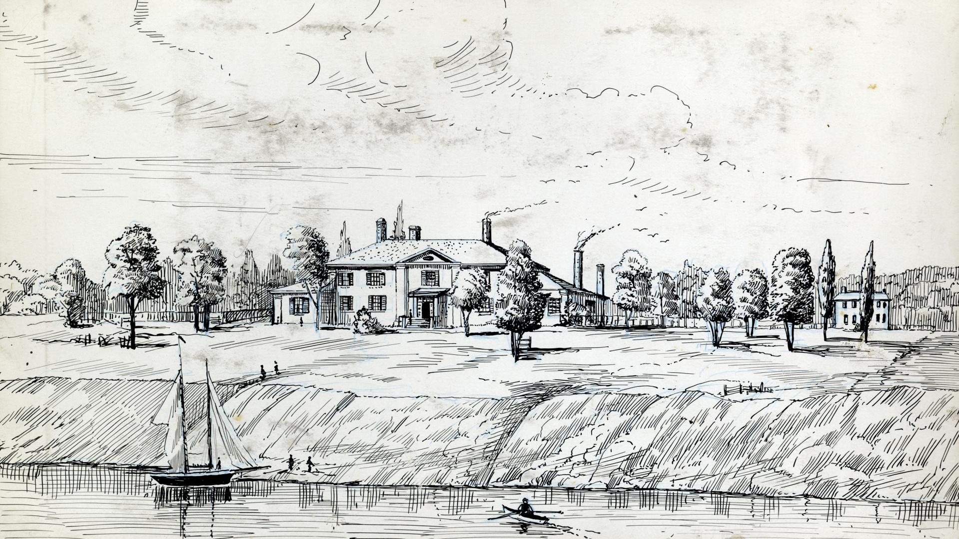 Image shows a few houses and some trees along the lake.