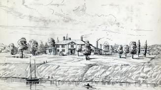 Image shows a few houses and some trees along the lake.