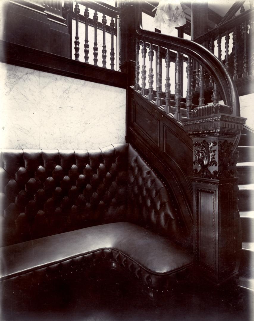 Telegram Building (1900-1963), interior, staircase, showing seat half-way up to first floor