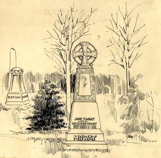 Drawing shows a gravestone in the cemetery.