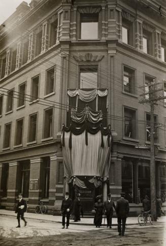 Edward VII, Decorations Mourning Death, on Telegram Building, southeast corner Bay & Melinda Streets