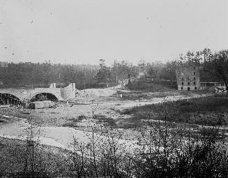 Old Mill Road, looking west, showing bridge across Humber River and Gamble mill, Toronto, Ontario