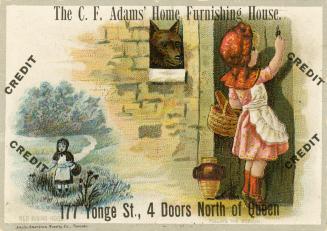 Illustration of Little Red Riding Hood holding a basket and knocking on her grandmother's cotta ...