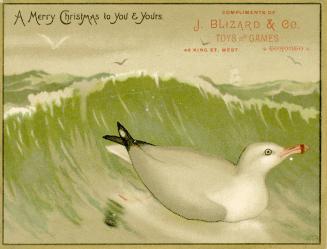 Illustration of a seagull on a wavy ocean, there are several other seagulls flying in the dista ...