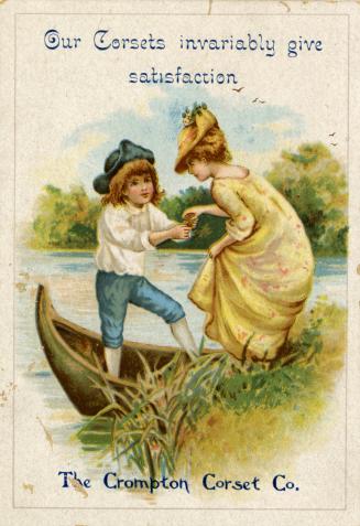 Illustration a a young man standing in a canoe; he is helping a young woman who is standing on  ...
