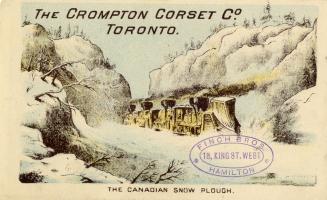 Illustration of a train coming along ploughing snow between rocky cliffs. 