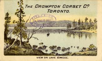 Illustration of a picturesque scene on Lake Simcoe with pine trees lining the shore. 