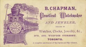 Illustration of a steam train coming down the track. Pictured on the front of the train is a cl ...