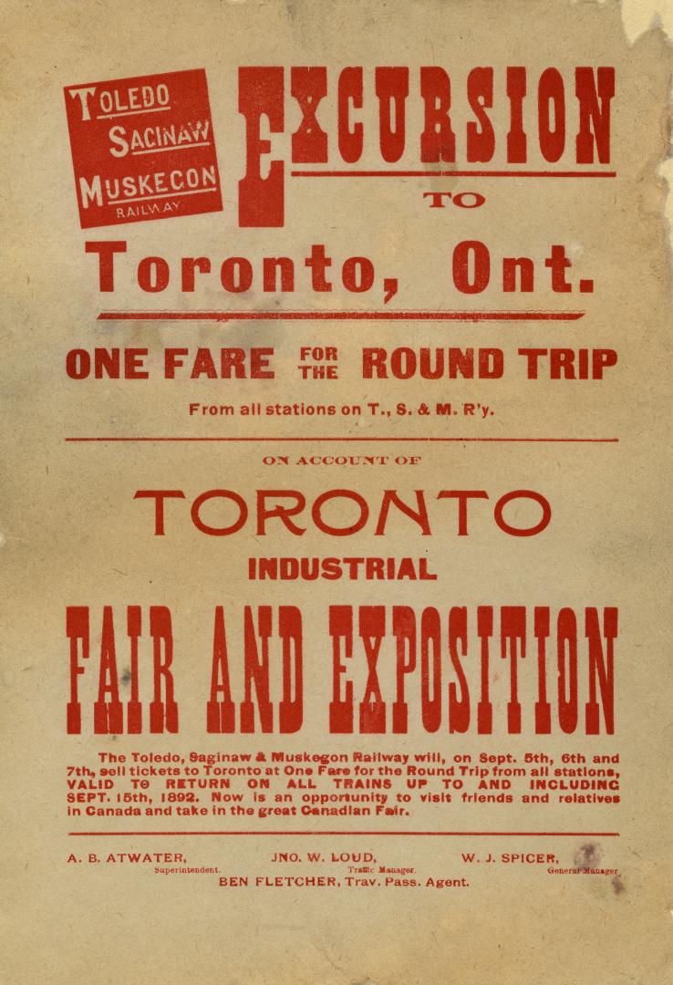 Excursion to Toronto, Ont. ... on account of Toronto Industrial Fair and Exposition
