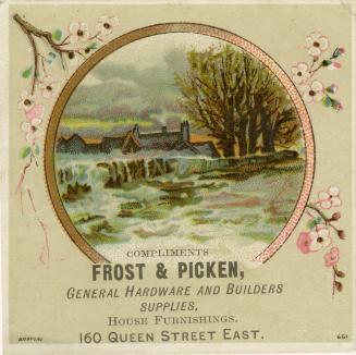 Illustration of a house by a river with a small waterfall and trees within a circular frame. Ou…