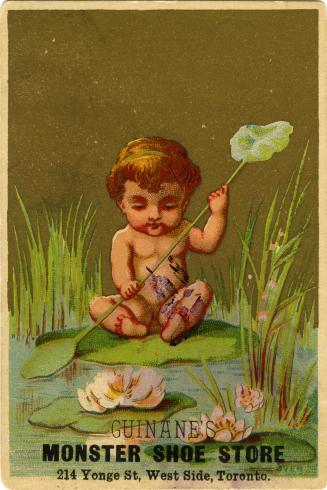 Illustration of a child sitting on top of a lily pad on the water; there is tall grass in the w ...