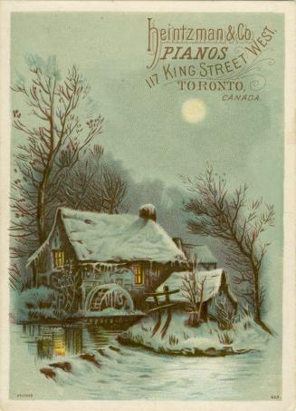 Illustration of a serene moonlit winter scene; there is a house with a water mill on the side,  ...