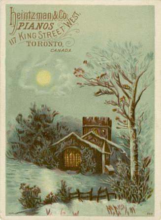 Illustration of a serene moonlit winter scene; there is a small church with tower and a large s ...