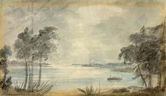Image shows a lake view with some trees on the shore and a boat on the water.