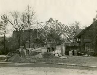 Historic photo from Saturday, December 1, 1928 - A-frame construction of the Old Mill Restaurant expansion for a dance hall (at  Humber Blvd.) in Kingsway