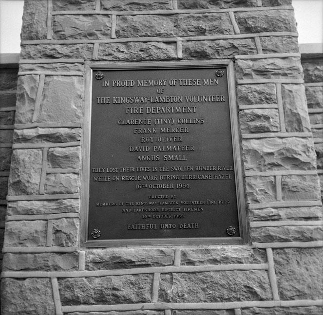 Kingsway-Lambton Volunteer Fire Department, monument to those lost during Hurricane Hazel, Kingsway-Lambton Park, Prince Edward Drive, southeast corner Marquis Avenue
