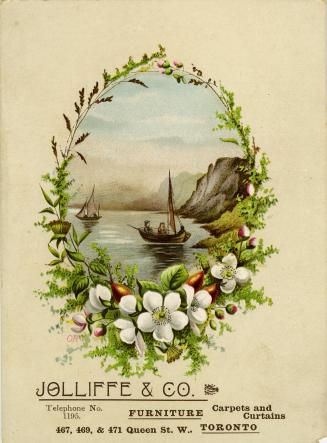 An oval shaped picture with a scene of two sailboats on a body of water. There are high cliffs  ...