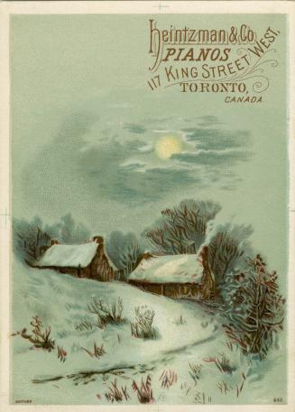 Illustration of a serene winter moonlit scene; there are small houses or cottages surrounded by ...