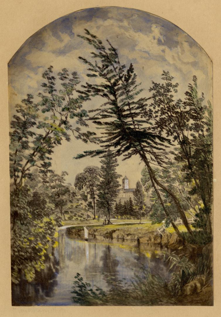 Don River, looking southeast towards Don Jail, from below Walter McKenzie's house 'Castle Frank', Bloor Street East, south side, just e. of opposite Drumsnab Road., Toronto, Ontario