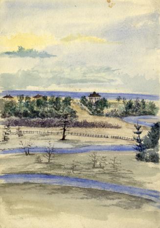 Don River, looking southeast towards Don Jail, from below Walter McKenzie's house 'Castle Frank', Bloor Street East, south side, just e. of opposite Drumsnab Road., Toronto, Ontario