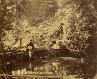 Historic photo from 1880 - Reservoir Park - women at the bottom of the steps by the water - Ye Merrie Circle in Rosehill