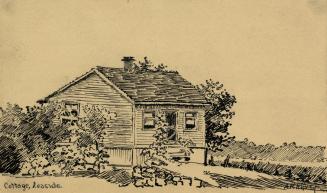 Image shows a drawing of a house with some trees on the sides.