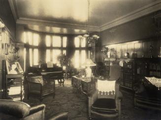 Image shows an interior of a library in a house.