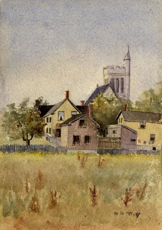 Wright Avenue, looking east from west of Roncesvalles Avenue & north of Wright Avenue, showing High Park Presbyterian (United) Church (ca. 1909-1927), Roncesvalles Avenue, northwest corner Wright Avenue