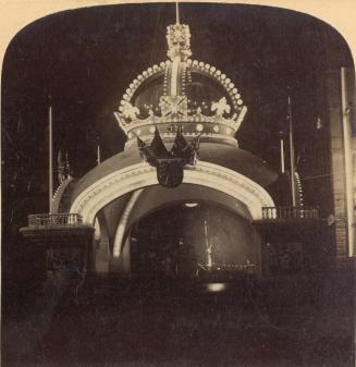 Historic photo from 1901 - Night time view of the IOF Arch at Bay St. at Richmond St. W.; looking e George V visit to Toronto, 1901 in City Hall