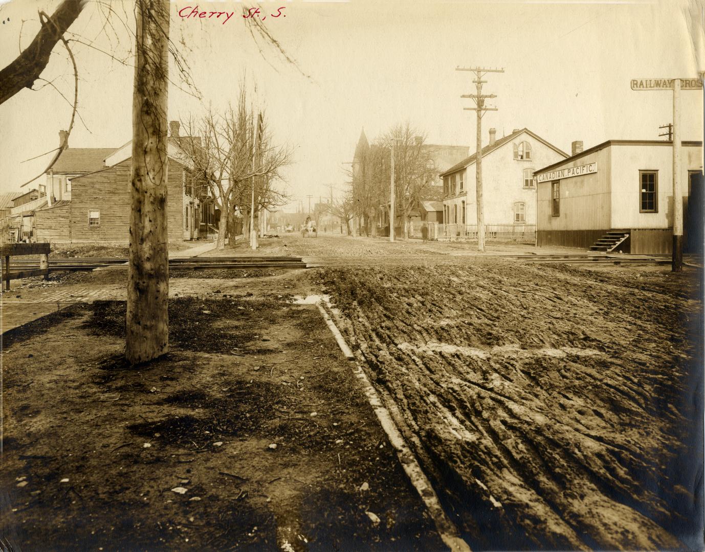 Cherry St., looking north from north of Mill St., across C.P.R. tracks towards Front Street East