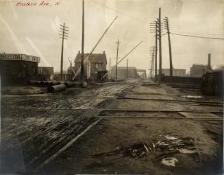 Eastern Avenue, looking e. across railway tracks to bridge over Don River