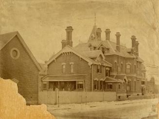 Historic photo from 1880 - Looking s.w. on Wellesley St. at Ermeleigh Mansion, stables at left in Cabbagetown