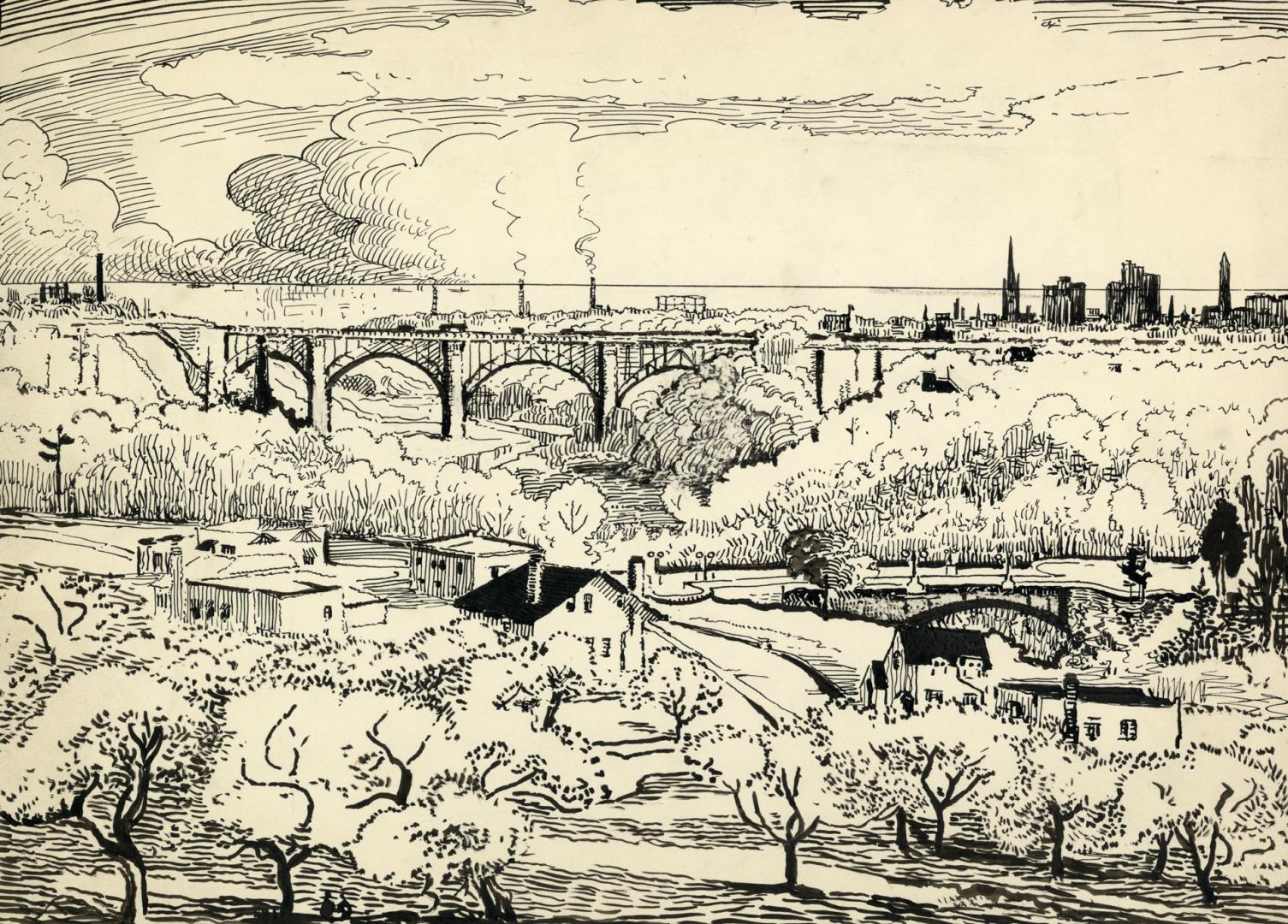 Image shows a drawing with a bridge in the background. There are some houses and a lot of trees…